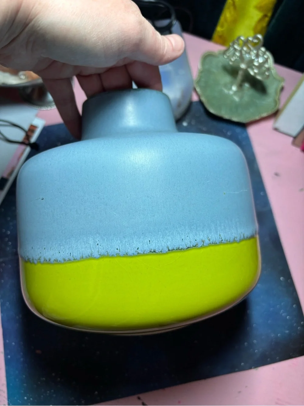 Crate&Barrel Matte Blue and Bright Yellow Ceramic Vase